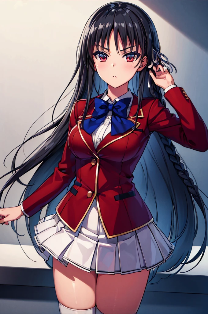 (masterpiece, best quality:1.4), (ultra detailed:1.2), perfect anatomy, 8k portrait, 
1girl,
Suzune Horikita, 
Suzune Horikita \(youjitsu\),
long hair, braid, 
black hair, 
red eyes, slant eyes, small eyes, 
blue bow, 
medium breasts, 
red jacket, long sleeves, white skirt, pleated skirt, black thigh-high socks, 
looking at viewer, 
cowboy shot, 
perfect light, 