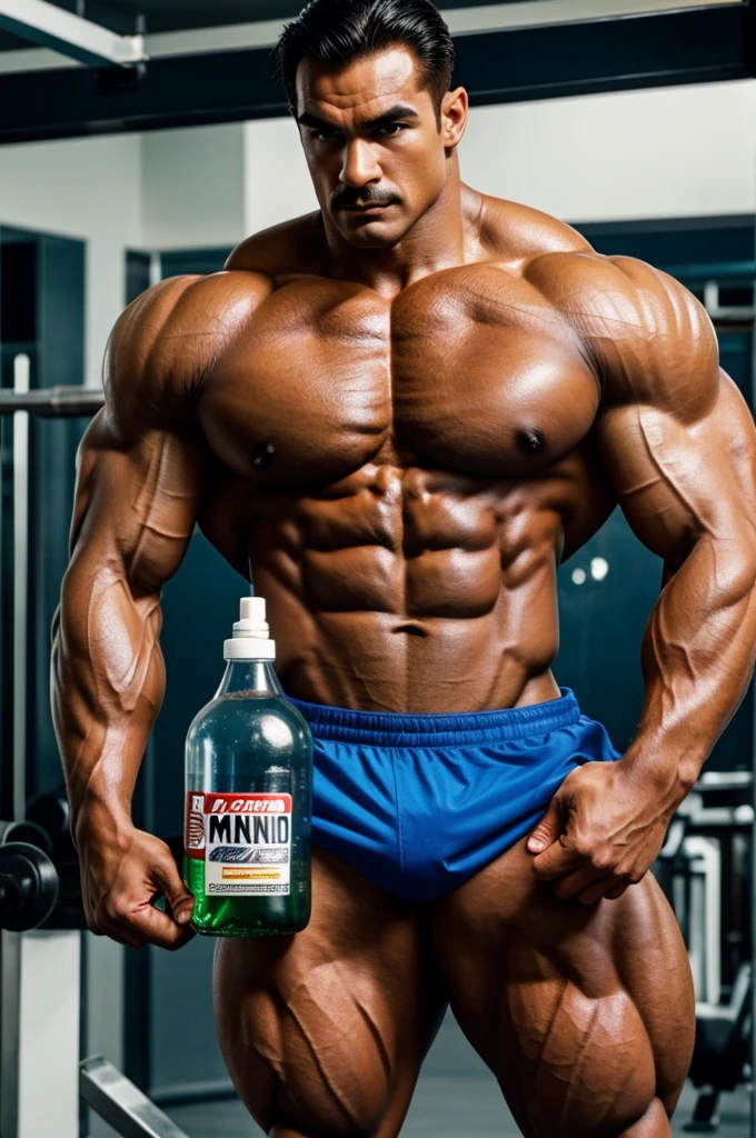 Strong Super Mario showing a bottle of creatine monohydrate