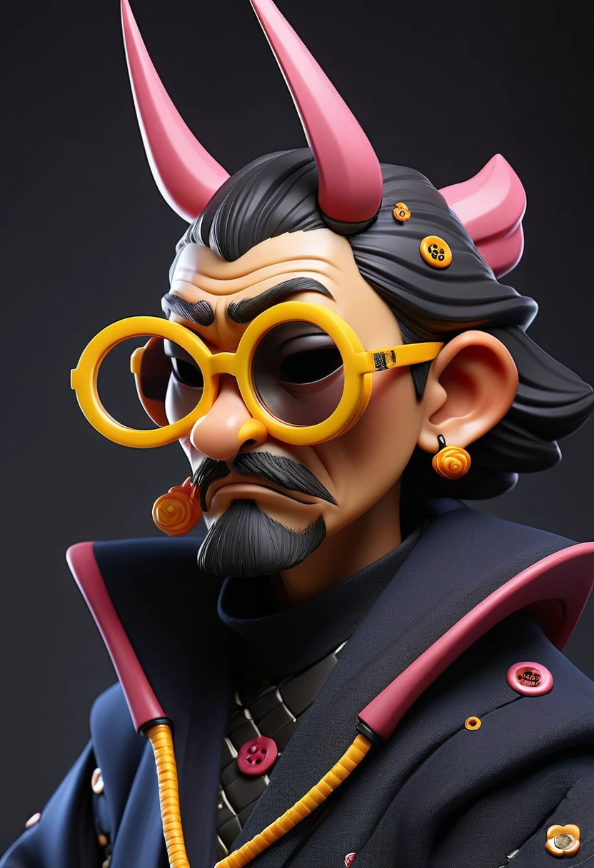 Fashion photo of a samurai wearing a weird futuristic mask, Ultra-minimalism, Intricate and tiny details, (Eyes hidden behind strange mask,The glasses are made of black diamonds,Glass adorned with gorgeous Korean street fashion,Integrate with local clothing:1.2), Hermaphroditic, Extreme Hip Hop, (Fluffy wrinkled fabric jacket:1.2), inflatable, (Delicate buttons everywhere、Ropes and zippers:1.2), clothing和布料上有许多复杂的褶皱作为细节, studio, 日本clothing, Dark navy gray background,With spotlight and sunshade, Dark Focus Vignette, food, shining, Psychedelic, clothing, Aperture 8, Surreal, Swiss design, old charismatic mechanic, pulsation, Future fashion shooting