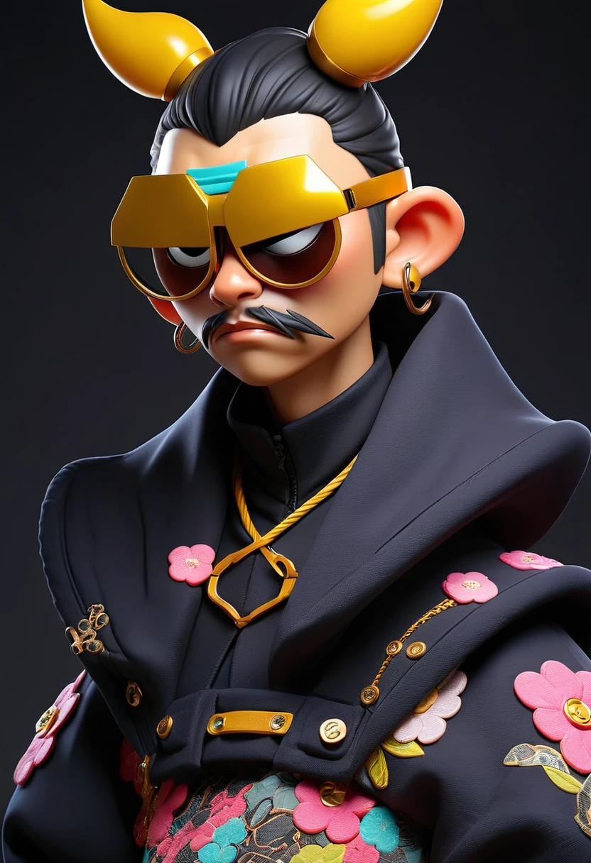 Fashion photo of a samurai wearing a weird futuristic mask, Ultra-minimalism, Intricate and tiny details, (Eyes hidden behind strange mask,The glasses are made of black diamonds,Glass adorned with gorgeous Korean street fashion,Integrate with local clothing:1.2), Hermaphroditic, Extreme Hip Hop, (Fluffy wrinkled fabric jacket:1.2), inflatable, (Delicate buttons everywhere、Ropes and zippers:1.2), clothing和布料上有许多复杂的褶皱作为细节, studio, 日本clothing, Dark navy gray background,With spotlight and sunshade, Dark Focus Vignette, food, shining, Psychedelic, clothing, Aperture 8, Surreal, Swiss design, old charismatic mechanic, pulsation, Future fashion shooting