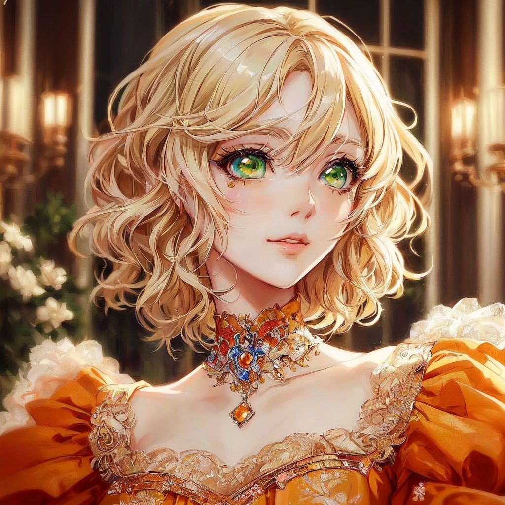 anime girl with blonde hair and green eyes in a fancy dress, detailed anime digital art, detailed portrait of anime girl, Awesome anime face portrait, no art style by bowater, cute anime portrait, anime character detailed art, anime digital illustration, anime style portrait, cute anime art style, anime portrait , kawaii realistic portrait, Beautiful Anime Woman