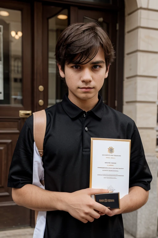 make a boy holding his degree and have a sad expression on his face wearing a black dress