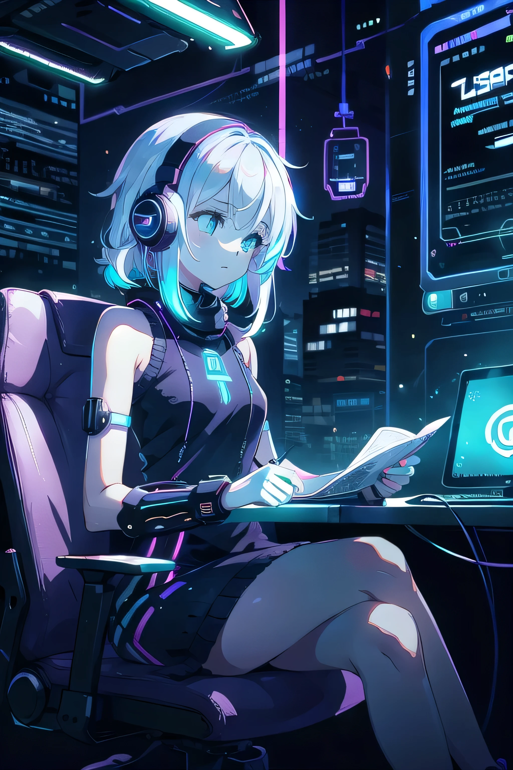 girl medium length hair, white hair hair with rainbow tips, blue colored eyes, headphone with led, knit dress, cyber punk, lo-fi, looking away, sitting studying