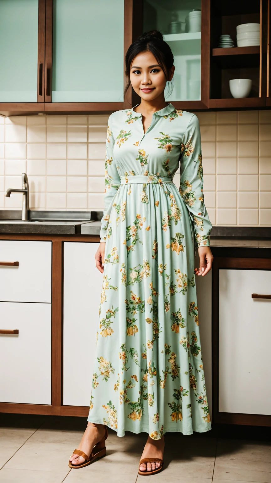 full body, Realistic, wide shot, Photography, Indonesian women, Housewife, 22 years, high bun hair, slim body, fair skin, cute face, Long sleeve floral maxi dress, and sandals, standing in the kitchen, facing the camera, stand up straight, graceful pose, sweet expression, detailed face, detailed background, bright light, sunlight