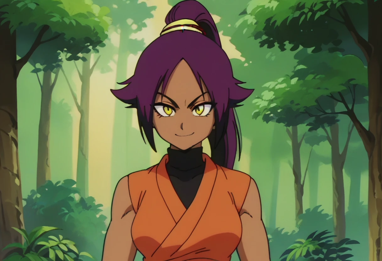 anime screencap,drgbls1, solo, anthro walrus,1girl,solo, yellow eyes,score_9, score_8_up, score_7_up, score_6_up, forest, upper body, , Yoruichi Shihoin,  smile, purple hair, ponytail, dark skinned female
