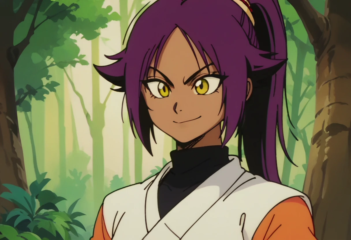 anime screencap,drgbls1, solo, anthro walrus,1girl,solo, yellow eyes,score_9, score_8_up, score_7_up, score_6_up, forest, upper body, , Yoruichi Shihoin,  smile, purple hair, ponytail, dark skinned female
