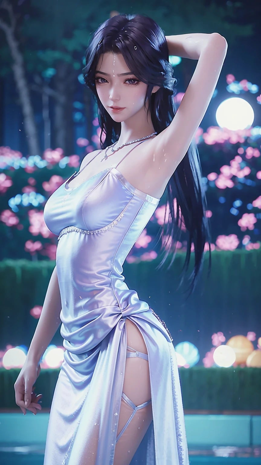 ((whole body)), ((From below)), Clear face, Pretty Face, 8K, masterpiece, original photo, best quality, detail:1.2),lifelike, Extremely detailed CG unified 8K wallpapers, Depth of Field, lamp, lens flare, Ray Tracing, (Extremely beautiful face, Beautiful lips, beautiful eyes), intricate detail face, ((ultra detailed skin)) 1 girl, in the darkness, Deep Shadows, Beautiful Korean girl, Korean Idol,(Very slim figure:1.3), (A bright smile), (City night, (霓虹lamp), (night), Beautiful Korean girl, White Diamond Earrings, Bracelet diameter, Deya Necklace, Pantyhose, Clear eyes, Walk, Facing forward, (big eyes),Dressed in suspender pajamas,Long skirt pajamas,Wet all over,Water Magic,Wet