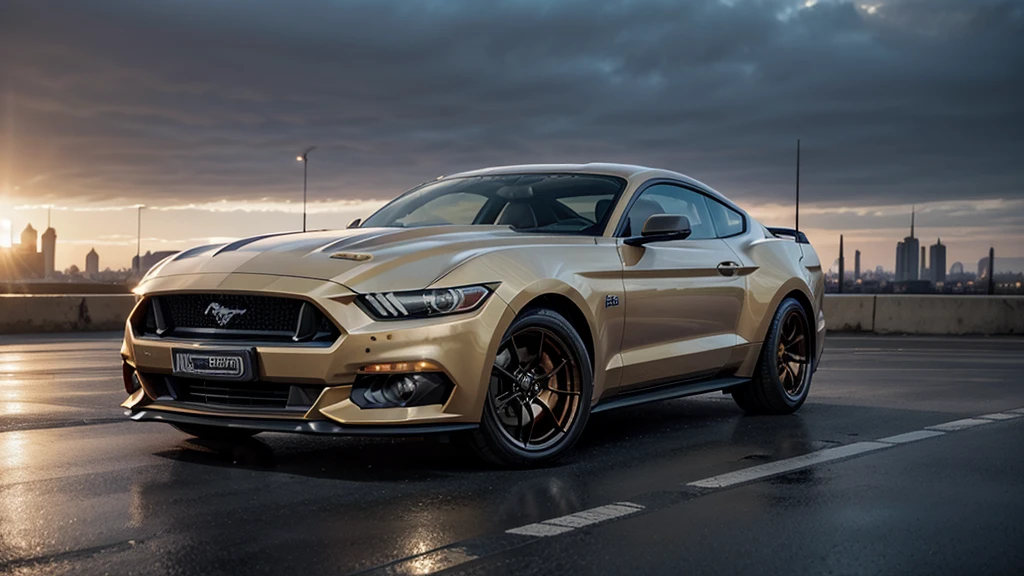 a steampunk car, ford mustang, a city of the future, steampunk city, Nikon, Canon, panorama, first-person view, 16k, 8k, highres, best quality, award winning, high quality, high details, super detail, masterpiece