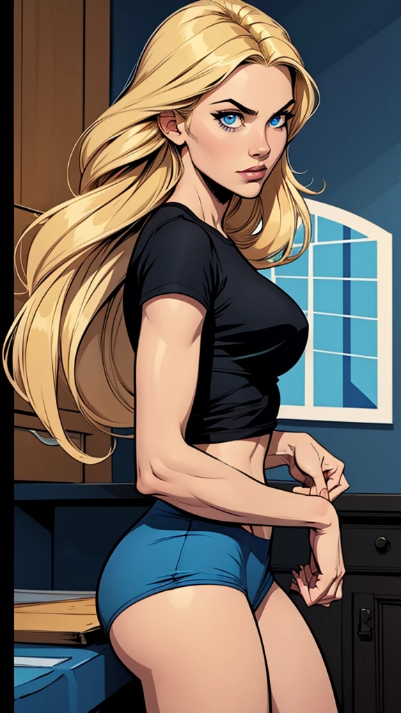 woman thin, blue pans short. Black t-shirt. blondy long hair, blue eyes, Comic style.
