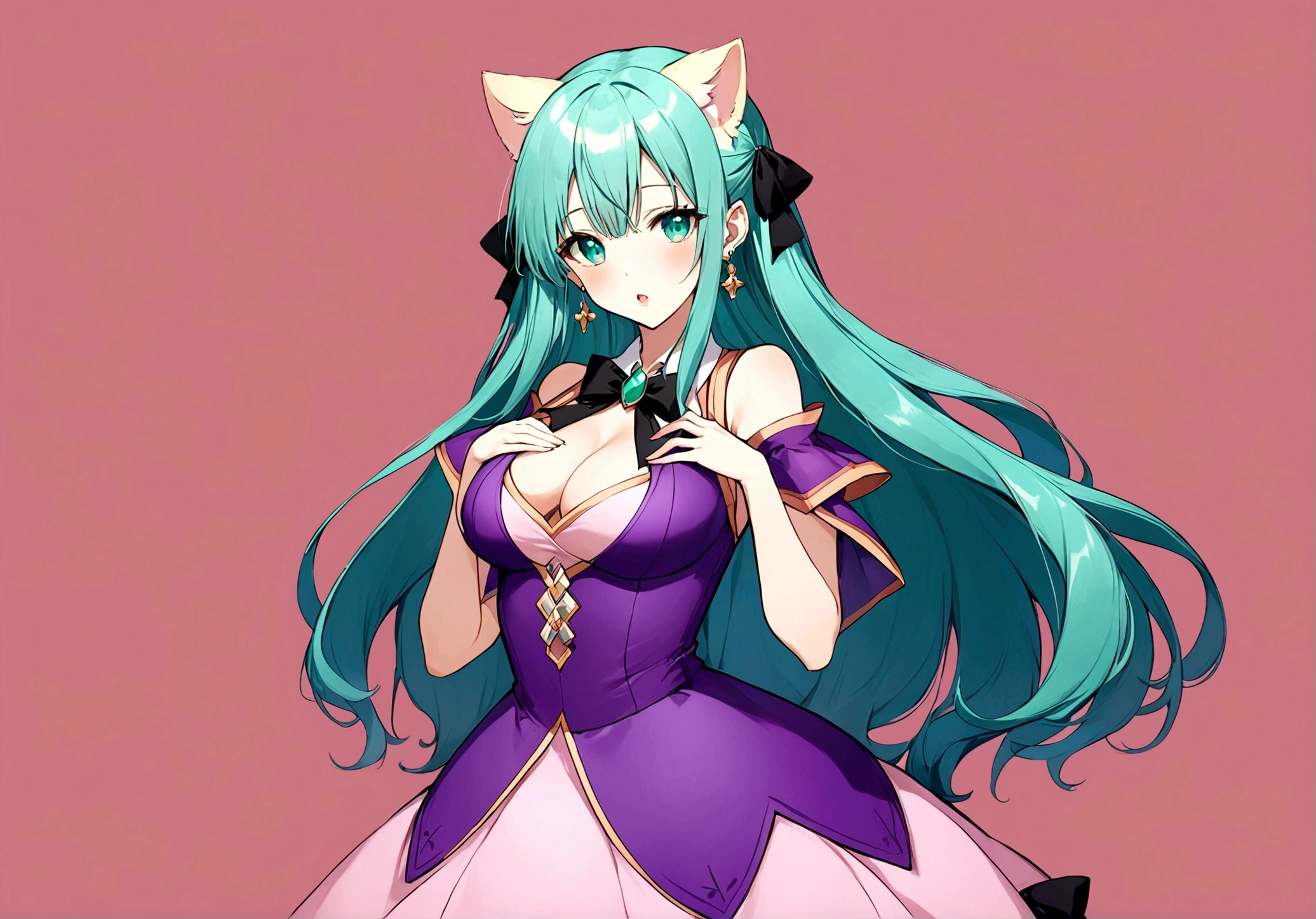 A long-haired girl in a pink dress,She stands in front of a pink background,Cross your arms in front of your chest,Slightly bow your head,Looks very sweet and cute。Her hair is blonde,Curled down,very beautiful。She wore a pink dress,There is a black tie at the neckline,The skirt hem is fluffy,very cute。She wears a pair of earrings in her ears,sparkling。She has makeup on her face,It looks very exquisite。Her eyes look towards the camera,The eyes are gentle and firm。She seems to be singing,The singing must be beautiful。