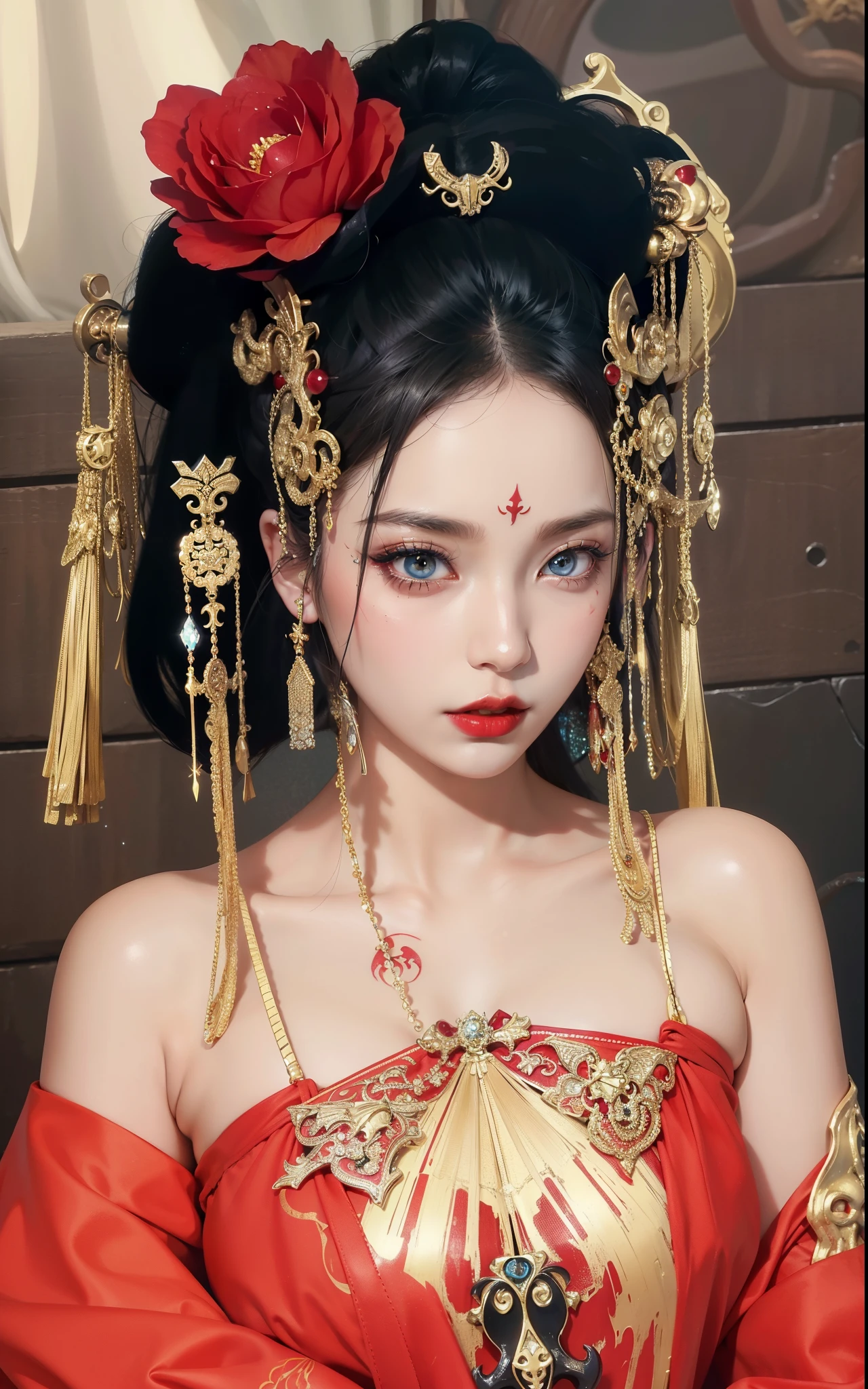 Detailed image quality，Witch Pandora，wing, Succubus Theme，堕落Angel，Excellent，scary，Secret Terror，Tentacles，With eyes，Uncanny Valley Effect，Beast Blood Moon，skeleton，vampire，Hellfire，Dark Queen，Angel，magician magic witch，16岁Angel，Eyes are blue(Pupils as deep as the starry sky)，Gorgeous tattoo designs all over the body，Surreal photos(8K picture quality，Rich in details)，Dark eyeshadow，Sexy thick lips(Red lipstick)，Tattoo designs on body，Dark Queen，Wear luxurious gold jewelry，The Queen is wearing gorgeous Hanfu