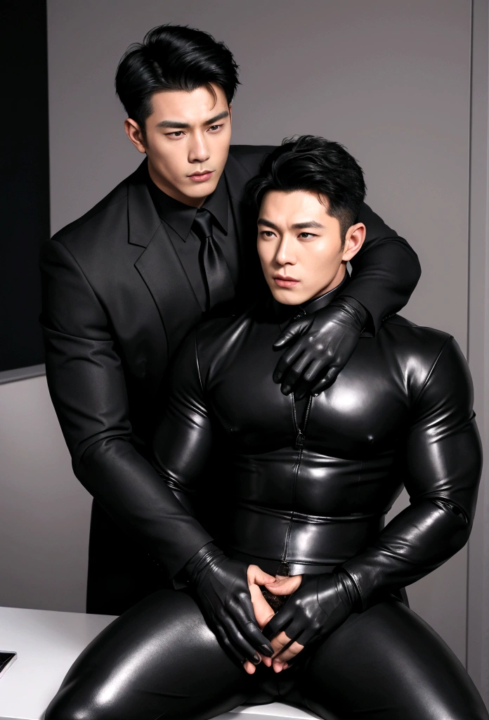 High quality two men in love 20years old,a daddy,tight black shiny suit sit down,k hd,in the office,muscle, gay ,black hair,asia face,masculine,strong man,the boss is,handsome,sex,leather gloves,lecherous dad,look straight ahead,Dad is erection
