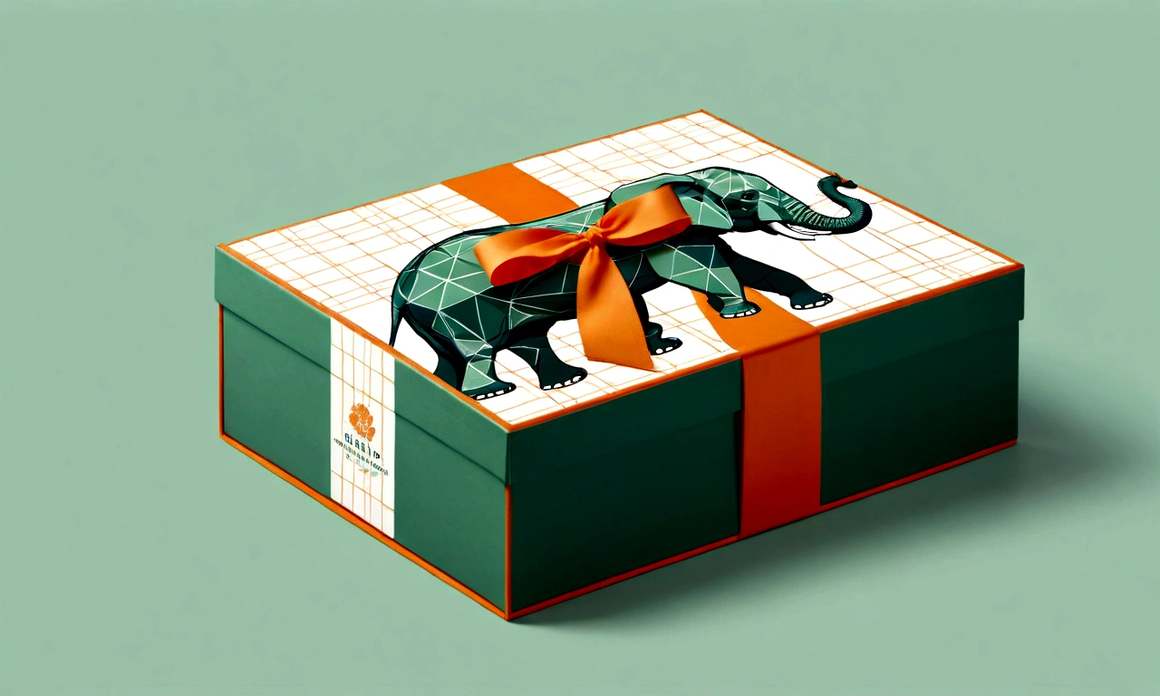 a beautifully designed gift box with handle, in the style of british plaid, geometric lines, minimalist, modern, high-end, cute, color blocking, floral patterns, a cute elephant logo, orange and light green colors, illustration, cartoon, in the style of geometric, beautiful detailed, in the style of flat color vector design