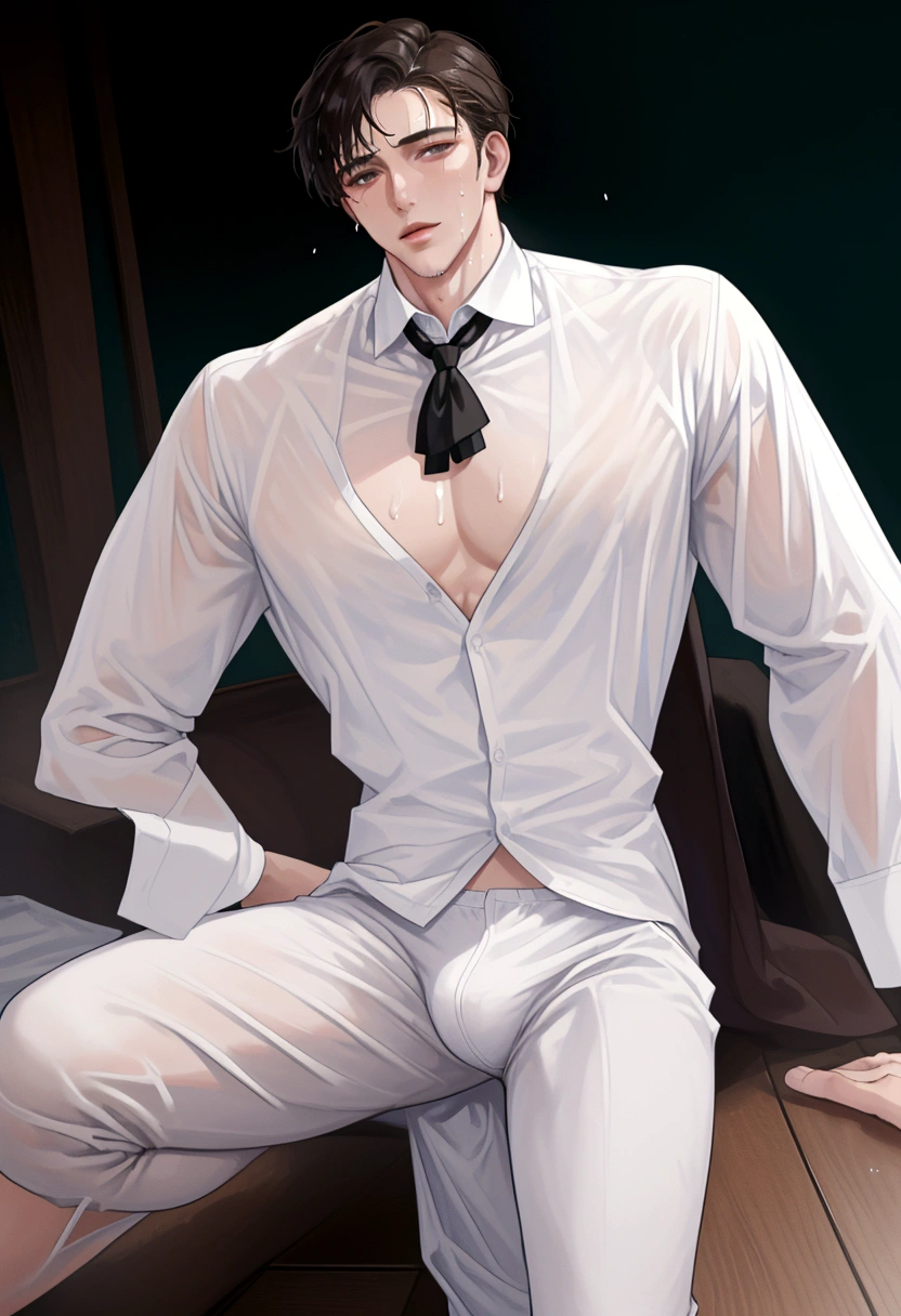 A wet handsome man, male in a wet white shirt and boxers, open legs, big chest, handsome man, handsome guy, handsome stunning realistic, portrait of a handsome man, clothed in wet white shirt, sweat, ((best quality)), ((masterpiece)), (detailed)