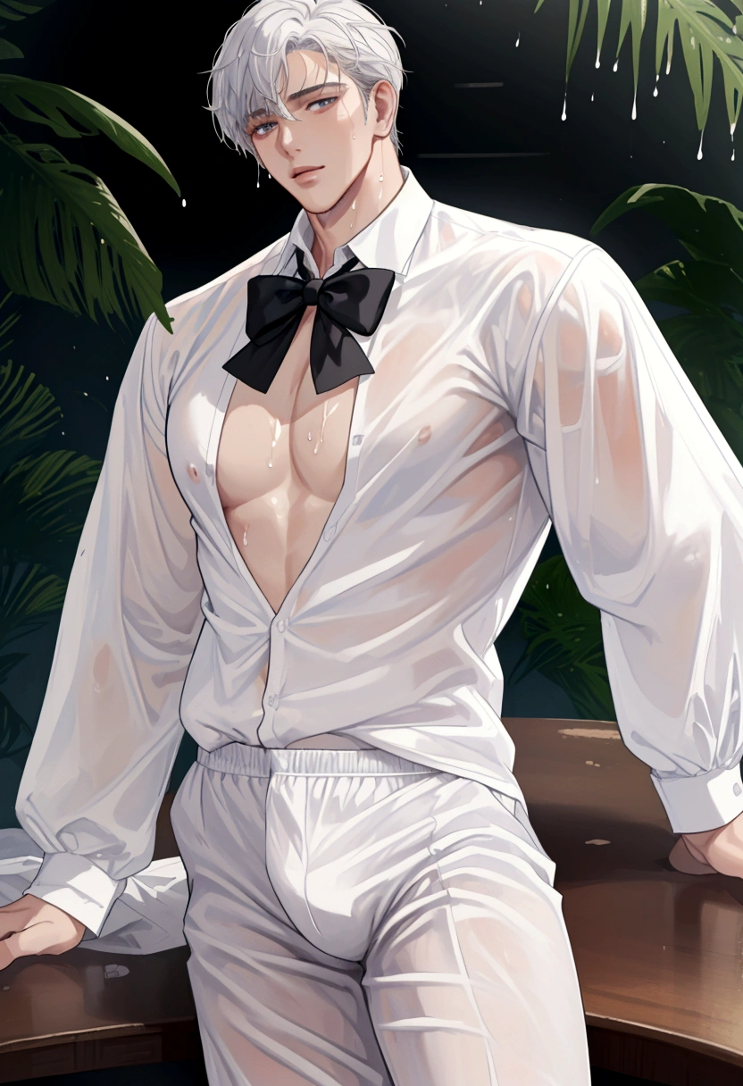 A wet handsome man, male in a wet white shirt and boxers, open legs, big chest, handsome man, handsome guy, handsome stunning realistic, portrait of a handsome man, clothed in wet white shirt, sweat, ((best quality)), ((masterpiece)), (detailed)