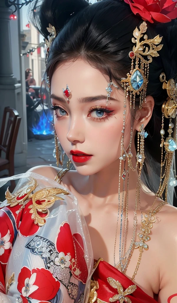 Royal princess,Super detailed, Delicate face, Stock Photography , Portrait 400, F1 Camera Lens.6, Colorful, Surrealism, Realistic textures, Dramatic Lighting, Thin Film Distiller 800 (8K, original photo, Better quality, masterpiece: 1.2), Super detailed, (Extremely delicate skin: 1.2), 8K 超高清, SLR camera, Soft Light, high quality.Fire Queen,Blue pupils,Apply red lipstick,Have a tattoo,The tattoo is very three-dimensional,Gorgeous and intricate tattoo designs,8K Mugshot,Large Breasts,Dark eyeshadow,Sexy thick lips(Red lipstick),Ice Princess,The facial features are very three-dimensional,Gorgeous and exquisite crystal diamond lace wedding dress,Empress Wu Zetian