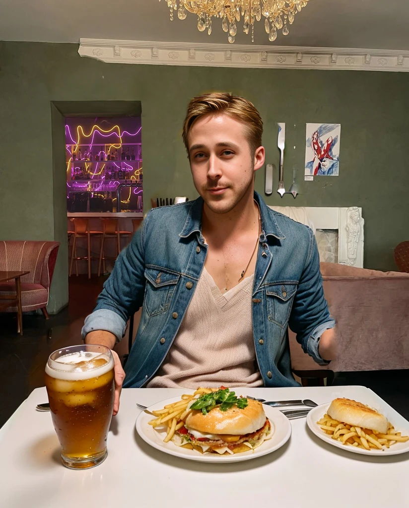 ryan gosling eating behind the table with a glass of beer, a fork and a knife, and three dishes on it: quebec dish with french fries and cheese, Pork tenderloin with mashed potatoes and turkey sandwich
