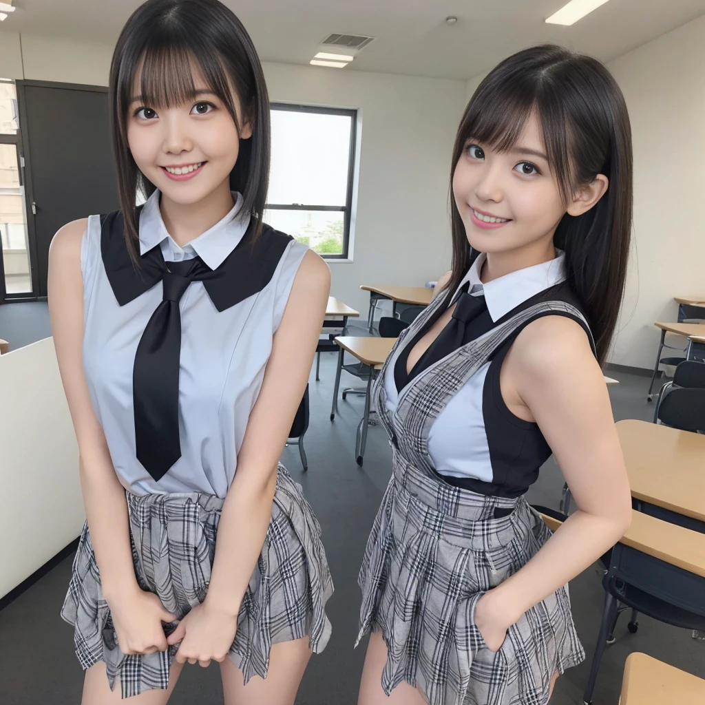 (high school girl、Checked micro mini skirt、Sleeveless、tie、Ass、Black Hair、Big Ass、School classroom)、Extremely sexy、smile、Professional Lighting、Small waist、Beautiful adult woman、Captivating thighs、Very large breasts、Cleavage、Are standing