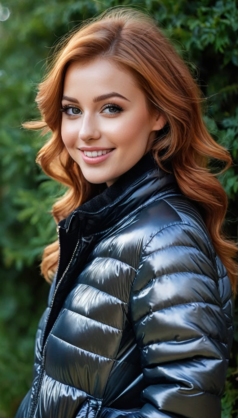 ultrarealistic high quality full body photo of a beautiful busty slim european 25-year-old woman with cute hyperdetailed shy face and natural redhead messy bun hair and shy smile , realistic round hazel eyes, natural lips, dark eye makeup with eyeliner, wearing casual hoodie with shiny puffer jacket and latex leggins, hourglass body, outdoor photography, tanned