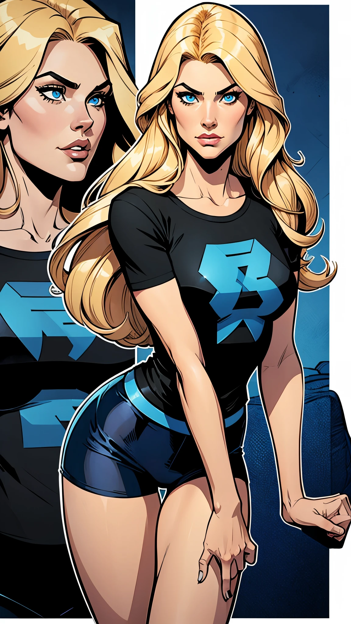 woman thin, blue pans short. Black t-shirt. blondy long hair, blue eyes, Comic style.