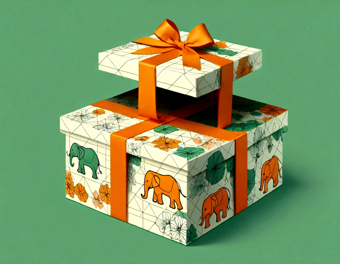 a beautifully designed gift box with handle, in the style of british plaid, geometric lines, minimalist, modern, high-end, cute, color blocking, floral patterns, a cute elephant logo, orange and light green colors, illustration, cartoon, in the style of geometric, beautiful detailed, in the style of flat color vector design