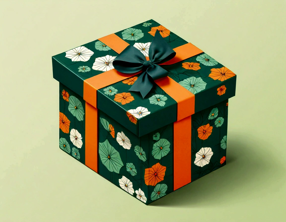 a beautifully designed gift box with handle, in the style of british plaid, geometric lines, minimalist, modern, high-end, cute, color blocking, floral patterns, a cute elephant logo, orange and light green colors, illustration, cartoon, in the style of geometric, beautiful detailed, in the style of flat color vector design