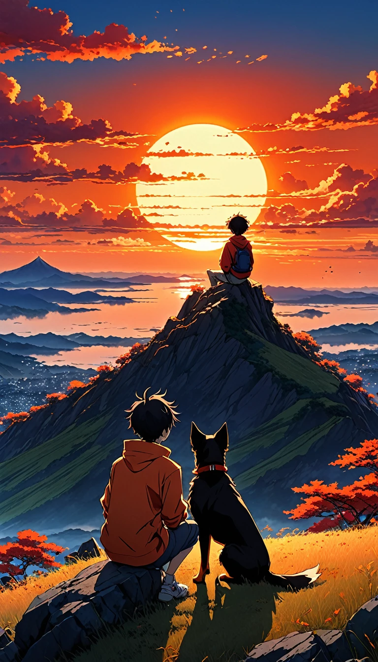 high quality, 8K Ultra HD, great detail, masterpiece, an anime style digital illustration, anime landscape of a young boy with his dog sitting on a high hill looking at a hellish orange and red sunset, anime nature wallpapers with serene sky, beautiful anime scene, beautiful anime peace scene, Makoto Shinkai Cyril Rolando, beautiful anime scene, amazing wallpaper, 8k anime art wallpaper, anime background, artistic anime background, wallpaper 4k anime, 4k anime art wallpaper, 4k anime art wallpaper,