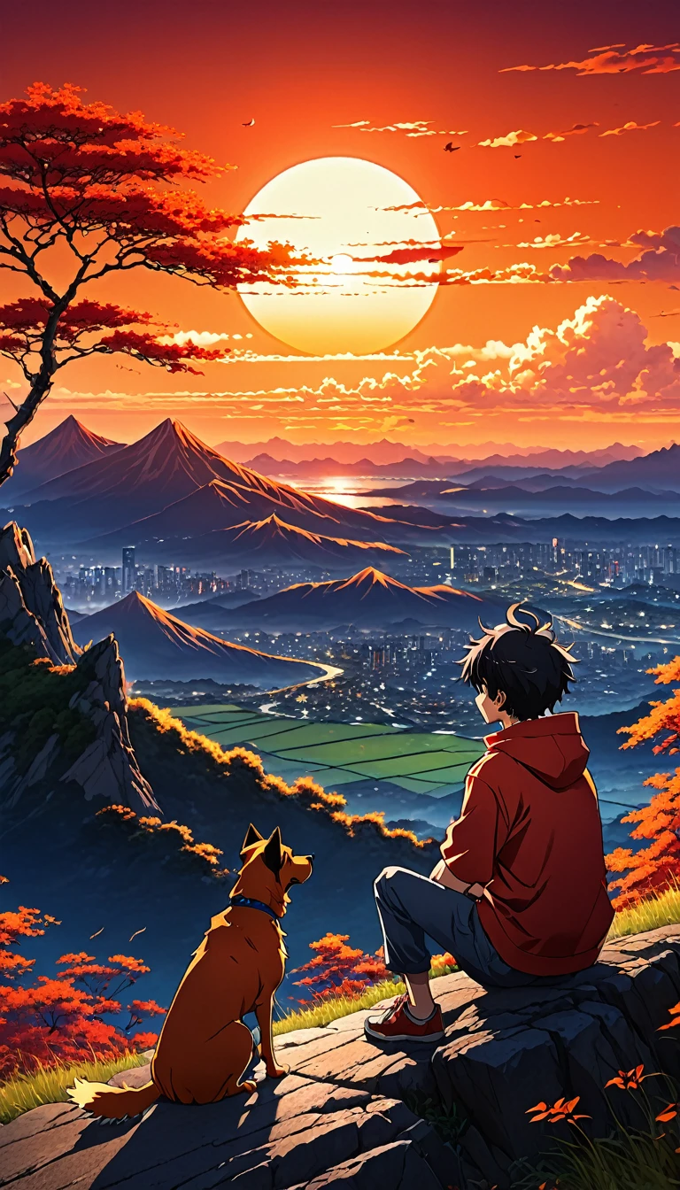 high quality, 8K Ultra HD, great detail, masterpiece, an anime style digital illustration, anime landscape of a young boy with his dog sitting on a high hill looking at a hellish orange and red sunset, anime nature wallpapers with serene sky, beautiful anime scene, beautiful anime peace scene, Makoto Shinkai Cyril Rolando, beautiful anime scene, amazing wallpaper, 8k anime art wallpaper, anime background, artistic anime background, wallpaper 4k anime, 4k anime art wallpaper, 4k anime art wallpaper,