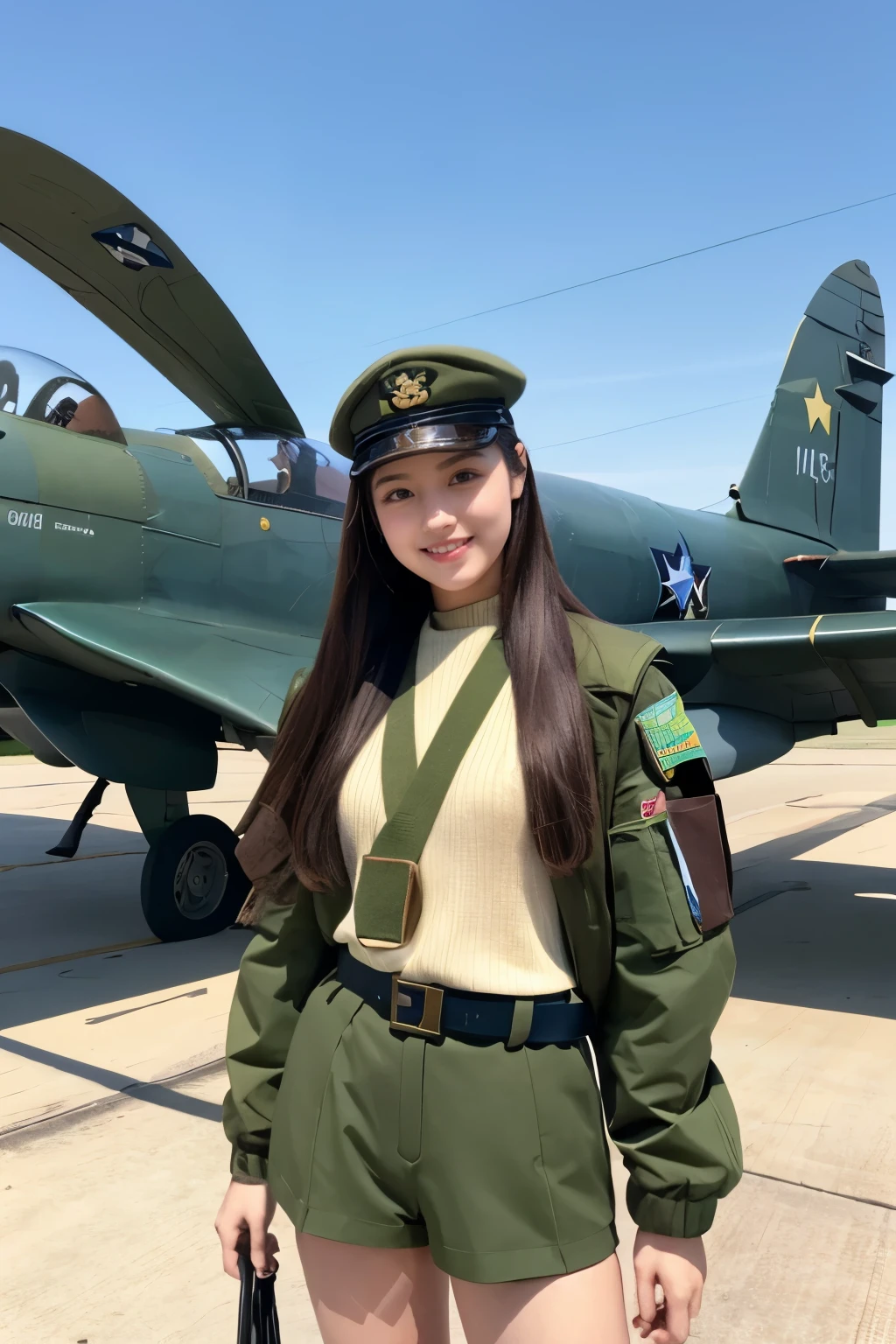 One girl、Semi-long hair（brown）、long sleeve air force uniform（Moss Green）、Patch on shoulder、belt、Shorts（Moss Green）、military cap、short boots（濃いbrown）、Blue Impulse、Airshow、Swarm of fighter planes、blue sky