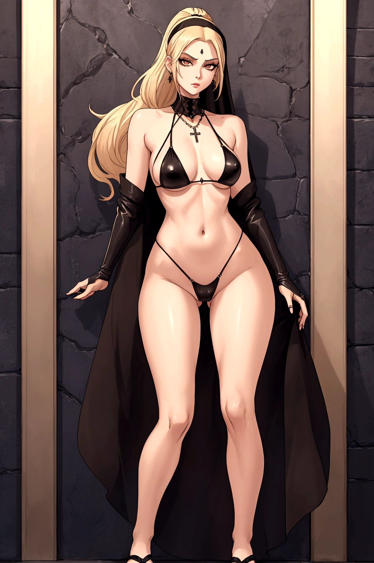 Very tall, Slim; Nuns; Blonde hair and an incredibly long ponytail; Intense goth makeup; Brown eyes; Small Company,Pointy Chest; Sensual abdomen; Wearing Jewelry, necklace, earring, Transparent black bikini top, Short leather jacket, visible fancy figa thong string; gloves, ring, church, Highest quality, Expressive eyes, Perfect Face, masterpiece, The body is slim, Very long legs, Detailed stomach, Detailed hips, Detailed legs, Carefully drawn toes, Carefully drawn feet, Carefully drawn hand, Highest quality, Carefully drawn, Dynamic Angle, Very detailed, Captivating eyes,Japanese women、Show off your nipples