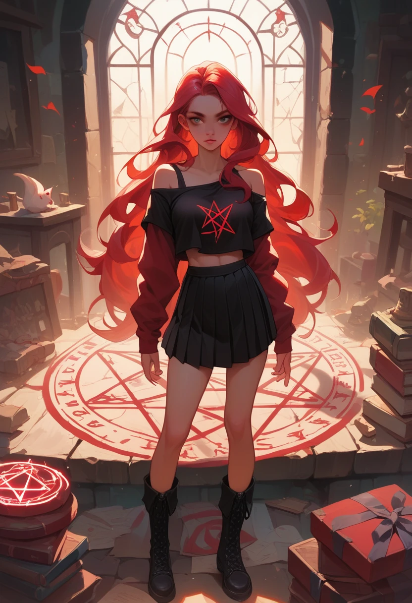 Digital Cyberpunk Art、８K、Very detailed、A hyper-realistic painting of a Japanese woman with ash-colored medium-long hair, wearing an off-the-shoulder black crop top, a red box pleated skirt, and black short boots, summoning a dead spirit from a magic circle in a chapel