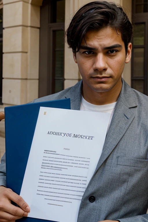 make a man holding his degree and have a sad expression on his face