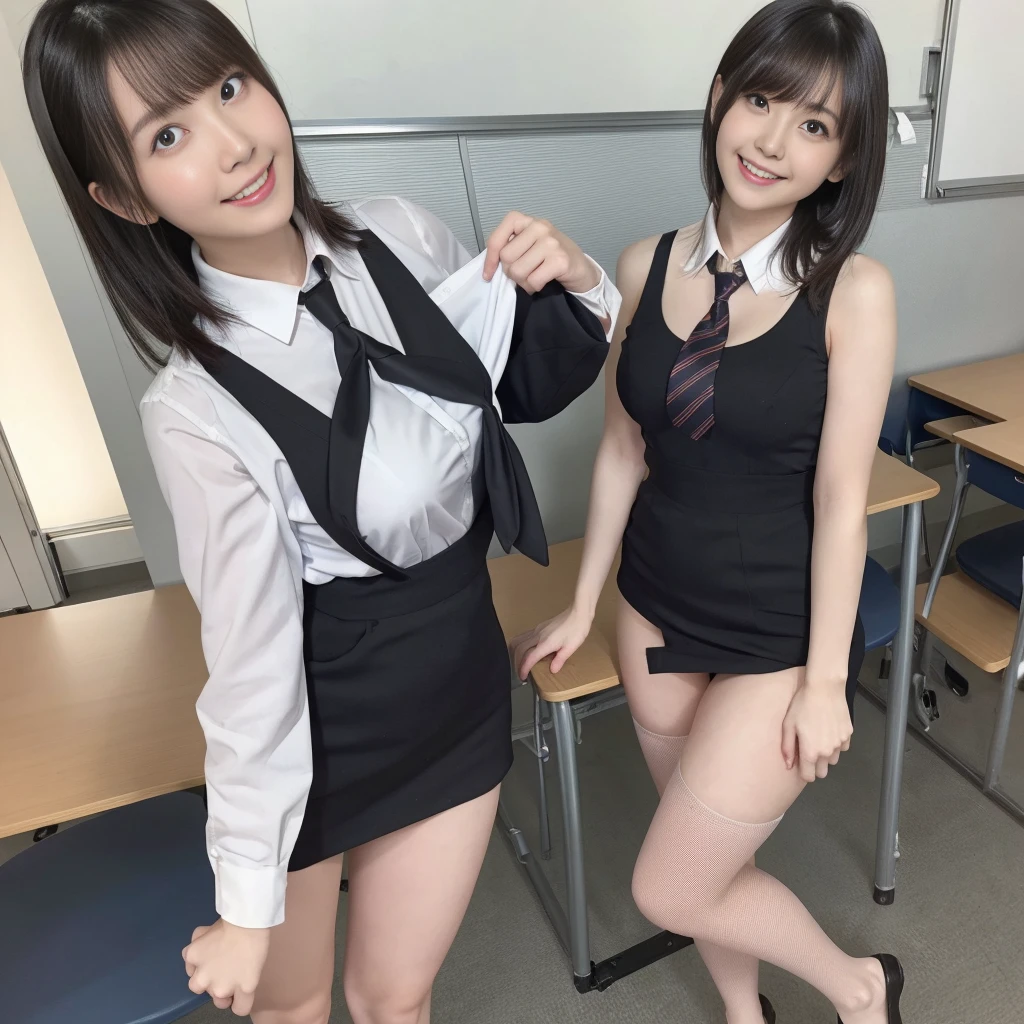 （from below:1.2)、（high school girl、Checked micro mini skirt、Sleeveless、tie、Ass、Black Hair、Big Ass、School classroom）、Extremely sexy、smile、Professional Lighting、Small waist、Beautiful adult woman、Captivating thighs、Very large breasts、Cleavage、Are standing