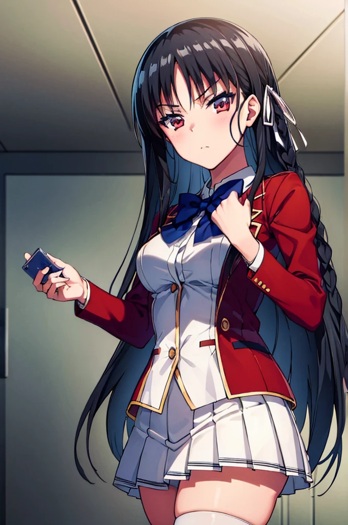 (masterpiece, best quality:1.4), (ultra detailed:1.5), perfect anatomy, 
1girl,
Suzune Horikita, 
Suzune Horikita \(youjitsu\),
long hair, braid, 
black hair, 
red eyes, slant eyes, small eyes, 
blue bow, 
medium breasts, 
red jacket, long sleeves, white skirt, pleated skirt, black thigh-high socks, 
looking at viewer, 
cowboy shot, 
perfect light, background of indoor, seductive pose, 