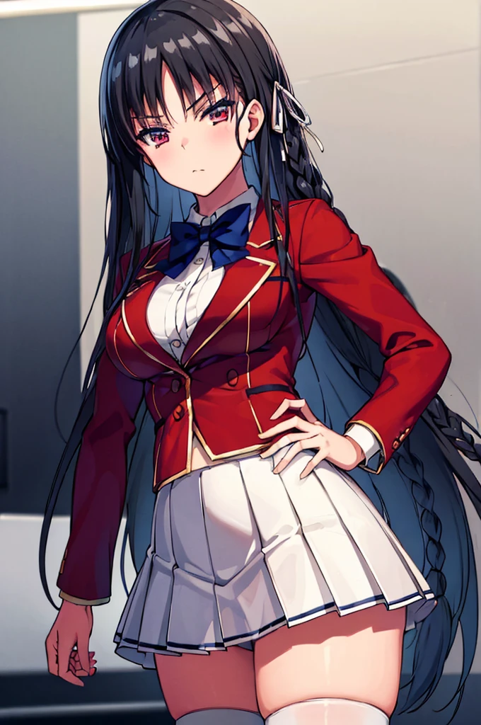 (masterpiece, best quality:1.4), (ultra detailed:1.5), perfect anatomy, 
1girl,
Suzune Horikita, 
Suzune Horikita \(youjitsu\),
long hair, braid, 
black hair, 
red eyes, slant eyes, small eyes, 
blue bow, 
medium breasts, 
red jacket, long sleeves, white skirt, pleated skirt, black thigh-high socks, 
looking at viewer, 
cowboy shot, 
perfect light, background of indoor, seductive pose, 