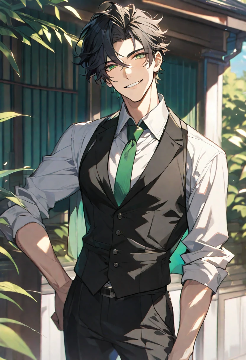 Solo, 1 male, handsome, black hair, green eyes, white shirt, green tie, black vest, black pant, smile facial