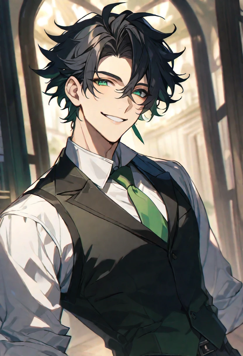 Solo, 1 male, handsome, black hair, green eyes, white shirt, green tie, black vest, black pant, smile facial