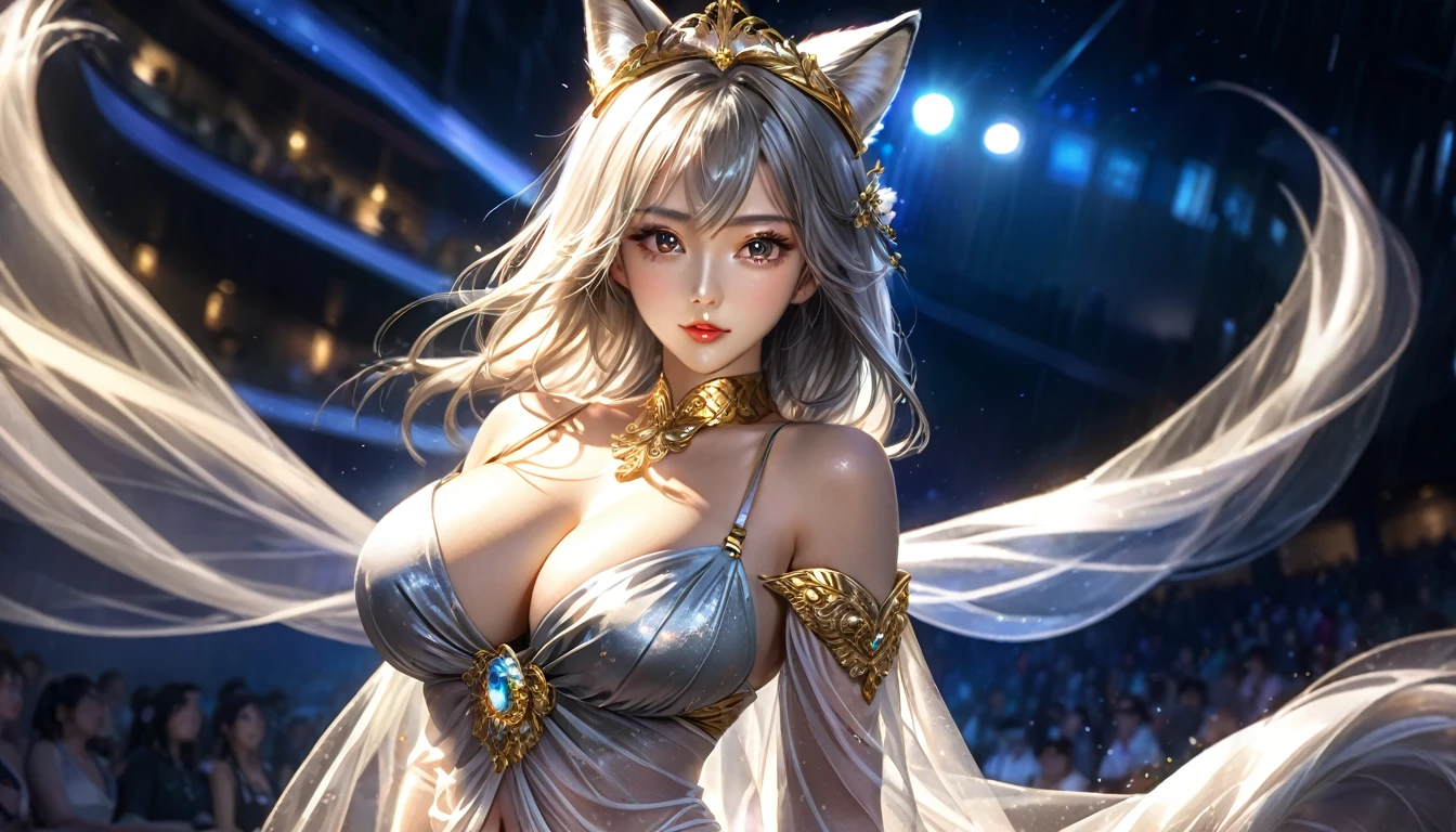 Woman in a golden transparent dress,Viewer,(((Huge breasts, Keeley University))),Slim waist,(Navel exposed,Bare waist), Long hair, extreme detailed details,High-end real site, Heavy rain scene, Detailed fantasy art, Stunning character art, Beautiful and exquisite character art, Beautiful gold and silver armor, Very detailed, Girl in Shining Armor, Exquisite headpieces and jewellery,Crystal jewelry filigree, galaxy, Stunning visuals, (Dynamic Stripes, light rail:1.2), Vibrant colors,Long hair动漫女孩和fox, Beautiful platinum fox lady, 白毛fox, Beautiful character painting, Beautiful anime portrait, fox耳朵的女孩, a beautiful fox woman, Mystical artwork, Guweiz, by Ren Renfa, fox, Large Breasts，Full breasts，Golden ratio figure，Perfect body，Ultra wide-angle shooting，Full body shot，Body close-up，Full body shot，Look at the audience，Wearing a tulle bikini，Soft anime illustration, Soft dark background，Fujifilm XT3 Clear focus, f 5.6, High Detail, Clear focus, Dramatic, (Wearing openwork clothing), (Looking at the audience:1.8), (Natural light), (Tempting)translucent, Good velvet quality, Compared, Divine Light,, Silver gray hair, Sky background, Absolute Strength,Female angels，Girl in sexy silk,，Large Breasts，Full breasts，Golden ratio figure，Perfect body，Ultra wide-angle shooting，Full body shot，Body close-up，Full body shot，Look at the audience，, Wearing a tulle bikini, Model shooting style, Large Breasts，Full breasts，Golden ratio figure，Perfect body，(Extremely detailed CG 8k wallpaper unit), The most beautiful artistic photos in the world, , 8K Ultra HD, soft light, high quality, Film Grain, Fujifilm XT3 Clear focus, f 5.6, High Detail, Clear focus, Dramatic, (Wearing openwork clothing), (Looking at the audience:1.8), (Natural light), (Tempting) Lying on your side in bed，Lazy gesture，Charming and seductive expression，best quality,masterpiece,Ultra-high resolution,(Practical:1.4),original photo,Ultra-high resolution，8K，There was a woman，White skin，Exquisite makeup，Big Wave，Black skirt，High heel，Long legs，Bright beautiful eyes，用紫色眼影打造Exquisite makeup，Large hoop earrings，