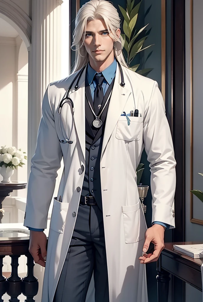 A tall, handsome, athletic, courageous, statuesque adult man is a platinum blonde with blue eyes, tanned skin, long straight platinum hair, long bangs, he is wearing an expensive branded medical suit, he is holding a stethoscope, he is a doctor, a full-length picture.