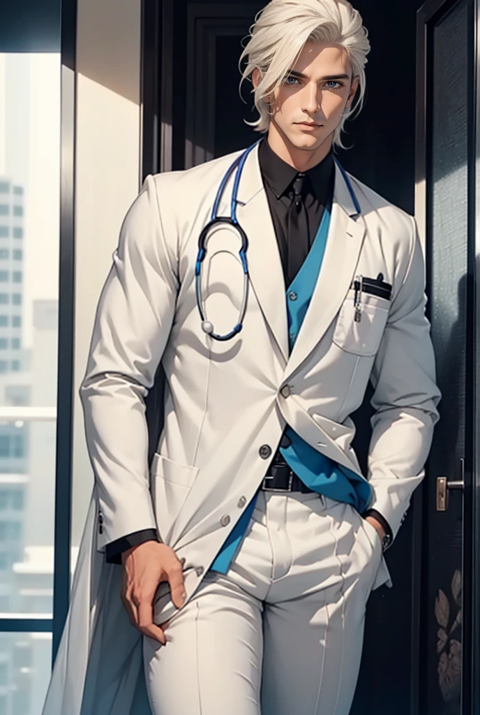 A tall, handsome, athletic, courageous, statuesque adult man is a platinum blonde with blue eyes, tanned skin, long straight platinum hair, long bangs, he is wearing an expensive branded medical suit, he is holding a stethoscope, he is a doctor, a full-length picture.