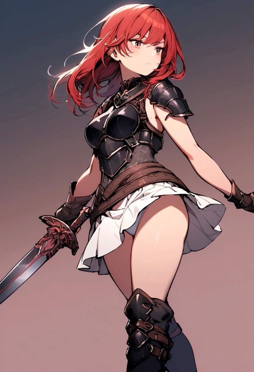 Warrior Girl, short red hair with, black torso sleeveless armor, long black boots, white skirt, white panties, with a short Sword