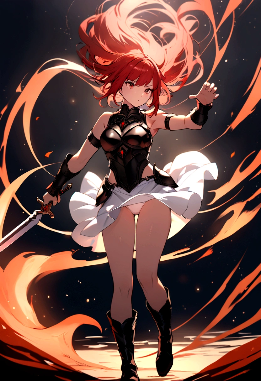 Warrior Girl, short red hair with, black torso sleeveless armor, long black boots, white skirt, white , with a short Sword