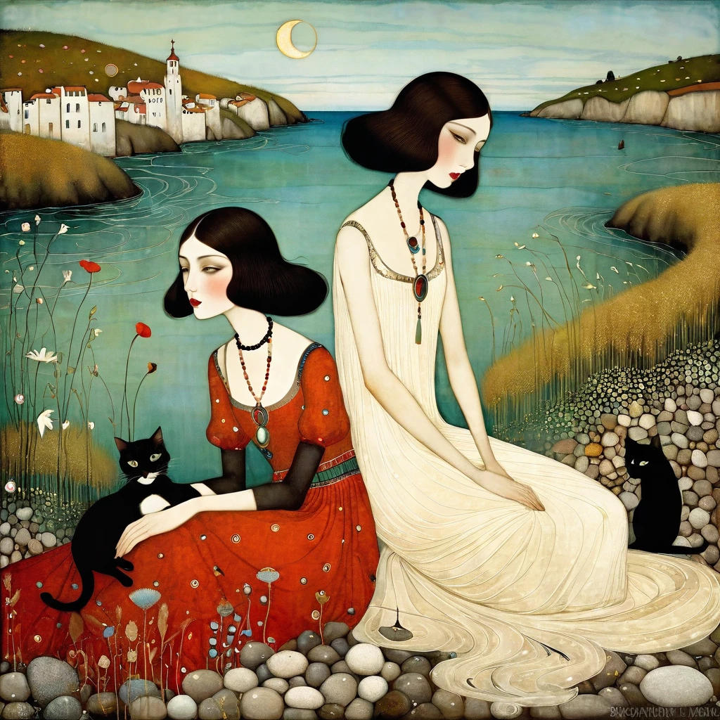 Art style by Klimt, Sam Toft, Florine Stettheimer, Dina Wakley, Catrin Welz-Stein, Gabriel Pacheco, Elisabeth Fredriks, of two Young European women, long black hair, sweet light brown eyes, dress with wide neckline, sitting on beach of tiny stones. Around them cats long necks, long tails, flowers and marsh grass. Art Deco, Wide-Angle, elegant intricate patterning 8k very attractive fantastic view ultra detailed quality crisp very cute naive acrylic art
