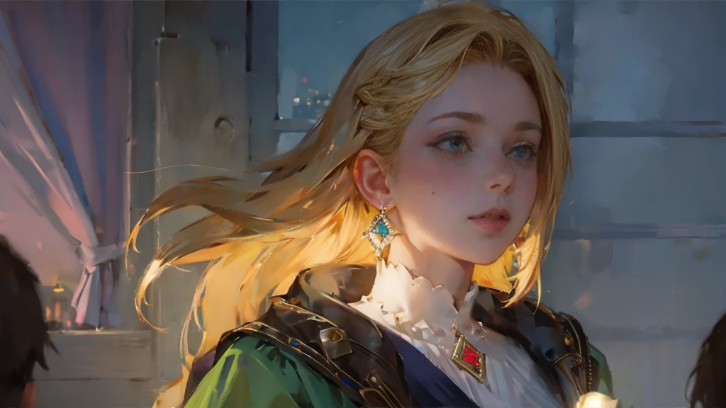 adult woman, with braided blonde hair, simmetric (green) eyes, (freckles), big glossy lips, diamond earrings, beautiful lights, iper-realistic, masterpiece, cinematic lighting, best quality