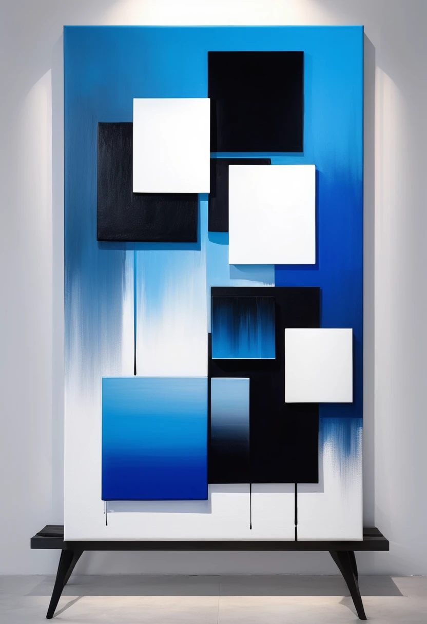 Full of art,Bright paint painting,The overall color is divided into three blocks,Blue on white background、Black oil painting, modern minimalism,Random blocks of color,artwork,Show love for life,Large brush feel,Gradient