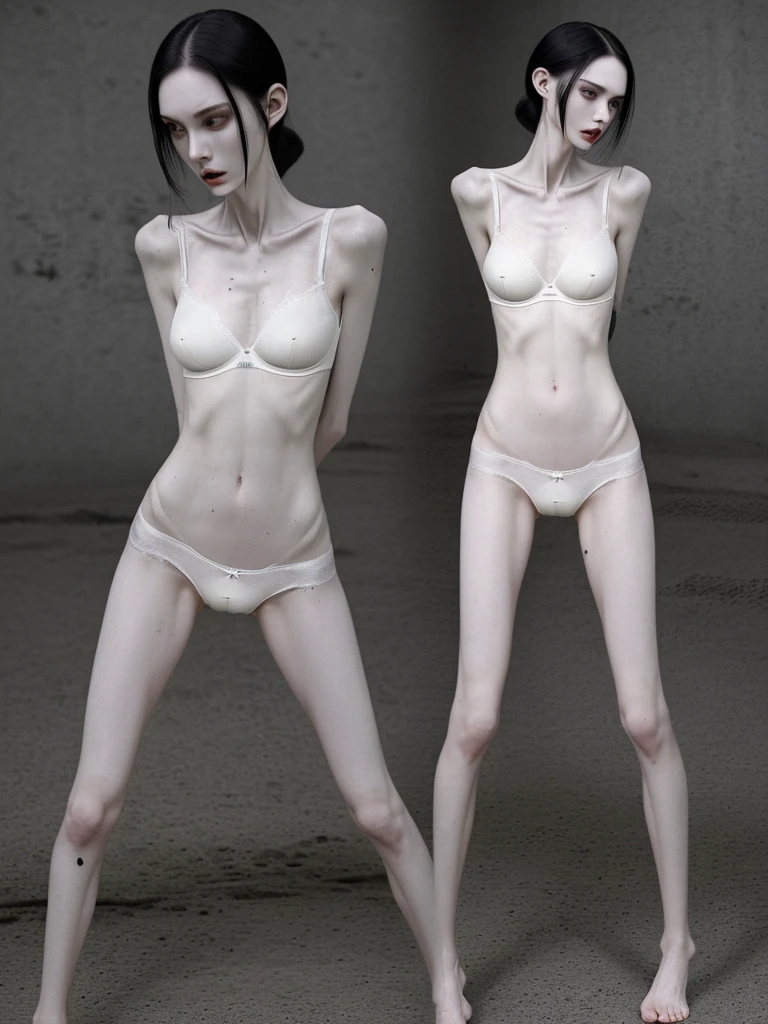 a woman, very thin body, body visible bones, very slender, pale white skin, sweaty wet body, panties, bra,tatto, full body, has a mental breakdown in an underground prison.