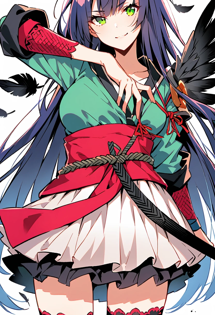 female samurai，has a samurai armor with black raven feathers on, blue hair and green eyes, breasts are visible, looks at the viewer, she looks at the viewer pessimistically, Smiles