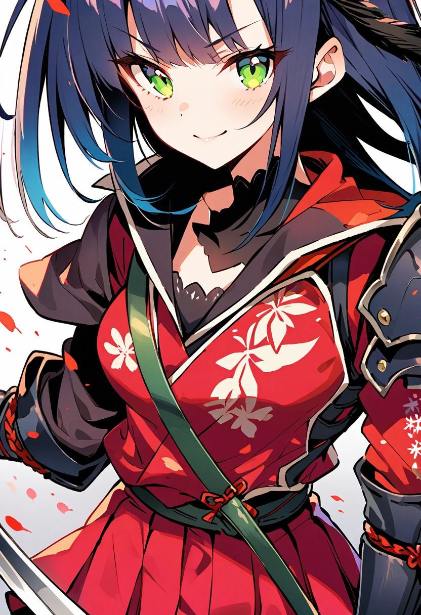 female samurai，has a samurai armor with black raven feathers on, blue hair and green eyes, breasts are visible, looks at the viewer, she looks at the viewer pessimistically, Smiles