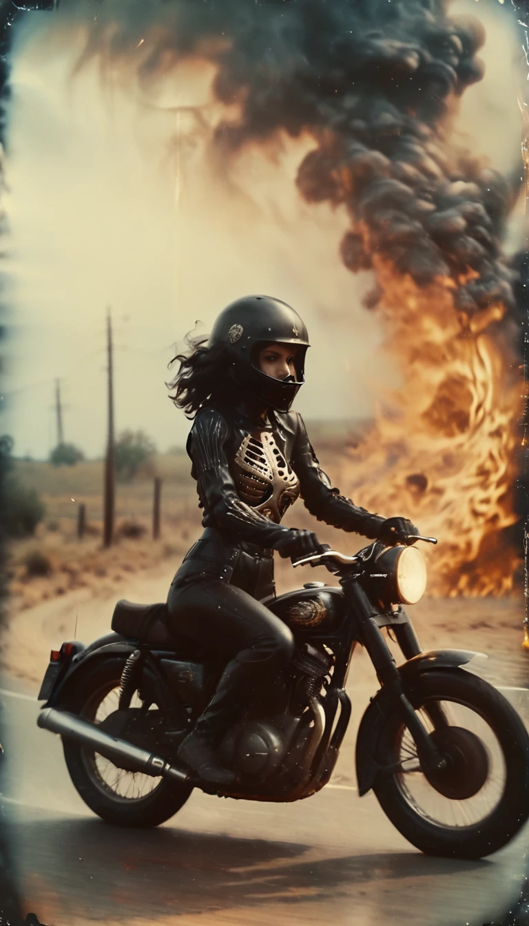 35mm film,Long view shot photo of a woman with a vintage 70s aesthetic, shiny metallic skeleton as her helmet, black wavy hair, black leather outfit with intricate detail, a big tornado at the background, warm tones, faded colors, cinematic, nostalgic feel, candid pose, riding a black motorbike with intricate detail trough a ring of fire, on a desert road, motion blur effect, action shot, Fine art photography style