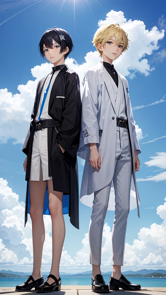 Young Ren and young Minato、Scene of standing on white clouds in a blue sky。Behind them is blue々The clear sky background spreads out.。Len has short black hair and green eyes.、Wearing casual adventure clothing。Minato has short blonde hair and blue eyes.、Wearing a white robe。